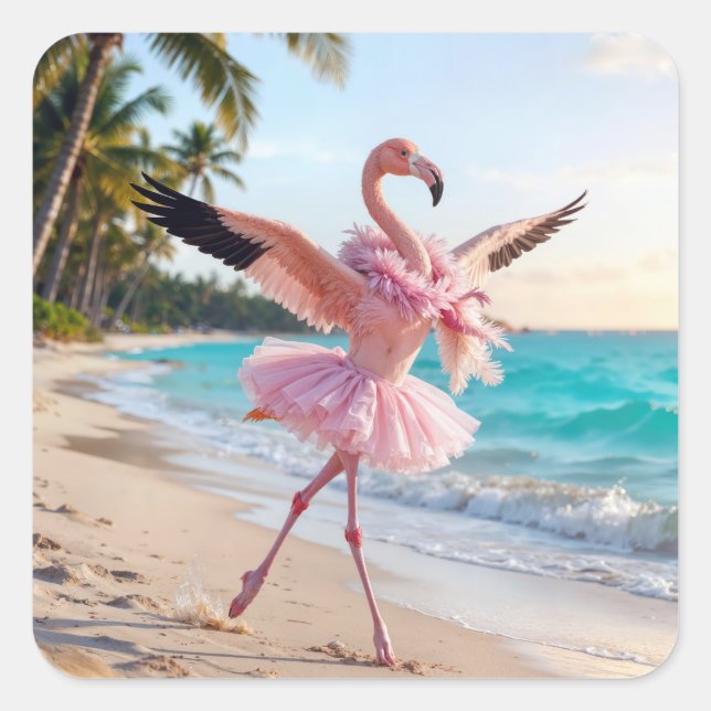 Adesivo Quadrado Flamingo Ballerina In a Pink Tutu On the Beach (Frente)