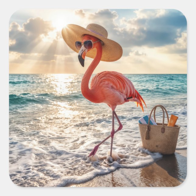 Adesivo Quadrado Flamingo Chic com Chapéu de Sol e Óculos de Sol (Frente)