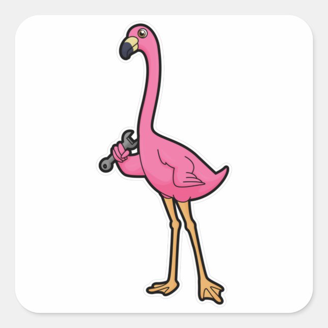 Adesivo Quadrado Flamingo como mecânico com chave inglesa (Frente)