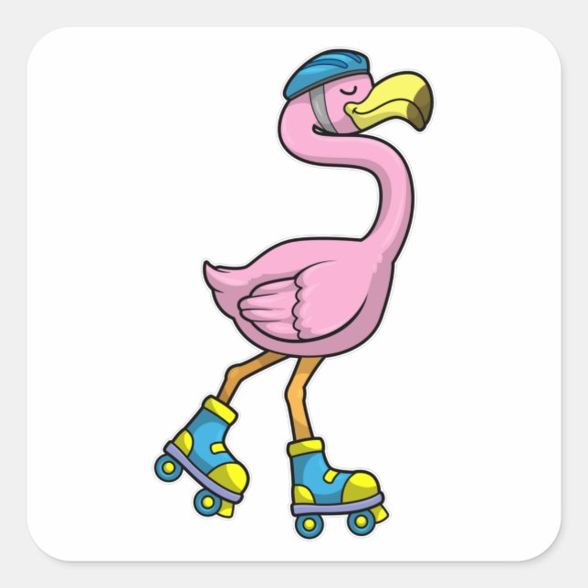 Adesivo Quadrado Flamingo como Skater com Skates e Capacetes (Frente)