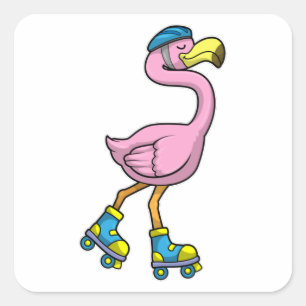 Adesivo Quadrado Flamingo como Skater com Skates e Capacetes