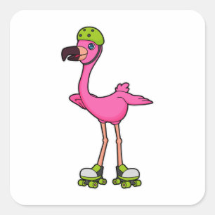 Adesivo Quadrado Flamingo como Skater com skates Roller e Capacetes