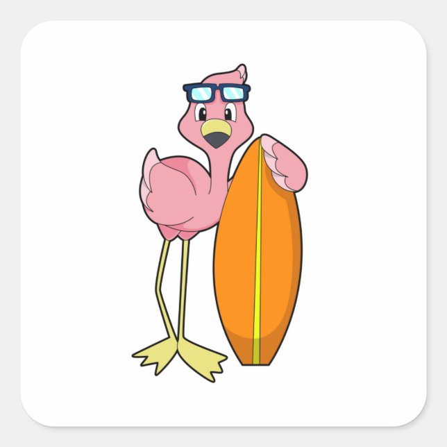 Adesivo Quadrado Flamingo como Surfer com Surfboard.PNG (Frente)