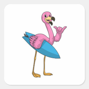 Adesivo Quadrado Flamingo como surfista com surfboard