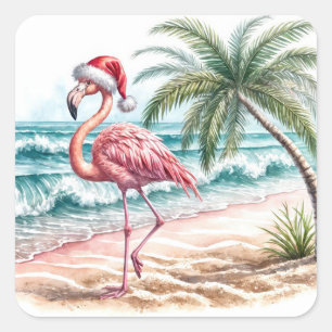 Adesivo Quadrado Flamingo de Natal em uma praia