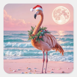 Adesivo Quadrado Flamingo de Natal em uma praia rosa