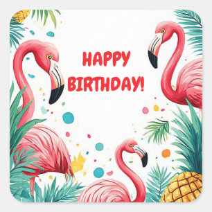 Adesivo Quadrado 🦩 Flamingo E Flores Tropicais Moldura De Verão 🍍