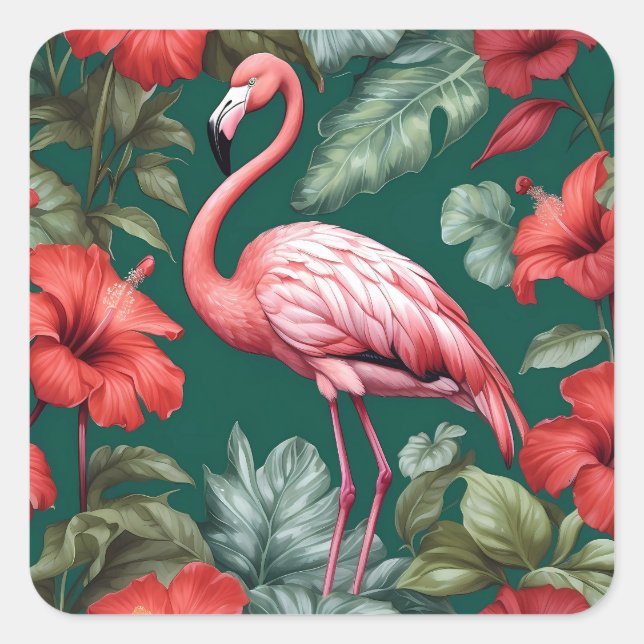 Adesivo Quadrado Flamingo Hibiscus Flores Emerald Green (Frente)