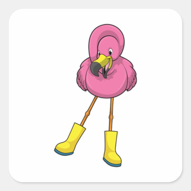 Adesivo Quadrado Flamingo na chuva com botas de borracha (Frente)
