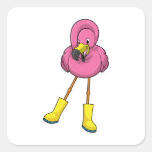 Adesivo Quadrado Flamingo na chuva com botas de borracha