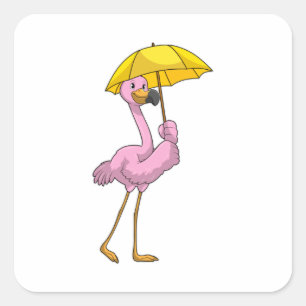 Adesivo Quadrado Flamingo na chuva com guarda-chuva
