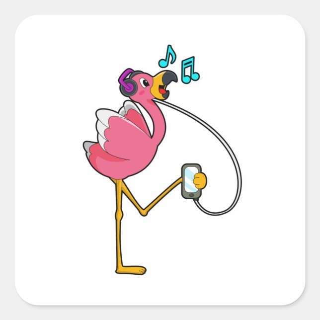 Adesivo Quadrado Flamingo na Música com Fone de Ouvido (Frente)