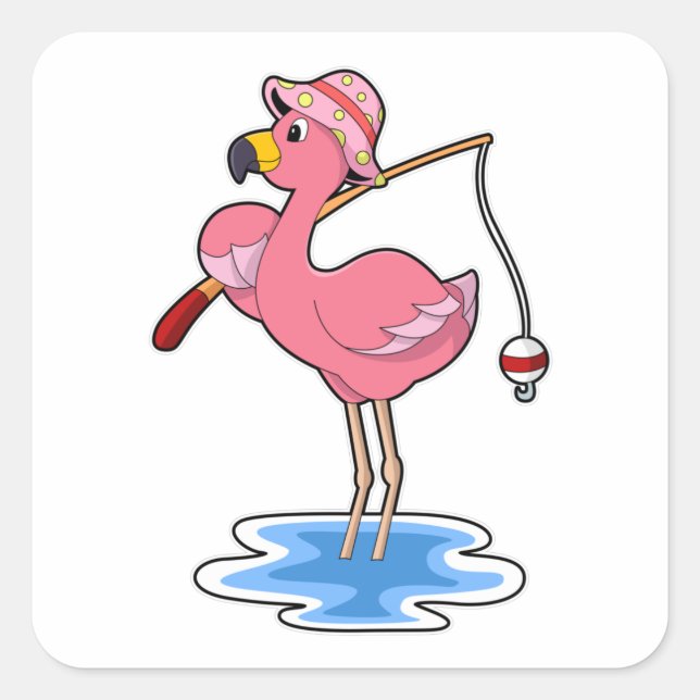 Adesivo Quadrado Flamingo na pesca com cana de pesca (Frente)