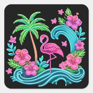 Adesivo Quadrado Flamingo Neon Tropical