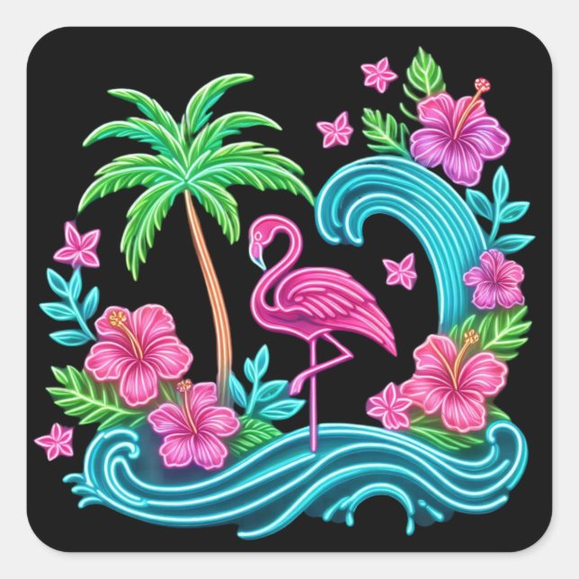 Adesivo Quadrado Flamingo Neon Tropical (Frente)