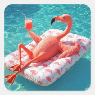 Adesivo Quadrado Flamingo Relaxando em um Colchão de Piscina