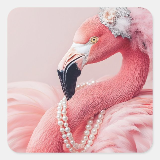 Adesivo Quadrado Flamingo Rosa Elegante com Pérolas e Penas (Frente)