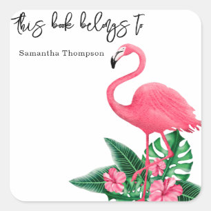 Adesivo Quadrado Flamingo rosa - este livro pertence a