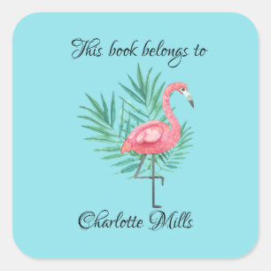 Adesivo Quadrado Flamingo rosa no Turquoise Bookplate