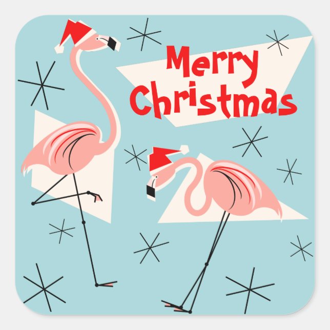 Adesivo Quadrado Flamingo Santas Blue Merry Christmas Square (Frente)
