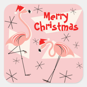 Adesivo Quadrado Flamingo Santas Rosa Feliz Prato de Natal