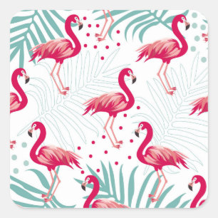 Adesivo Quadrado Flamingo tropical e folhas, padrão de verão.