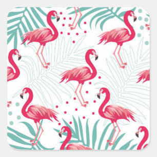 Adesivo Quadrado Flamingo tropical e folhas, padrão de verão.