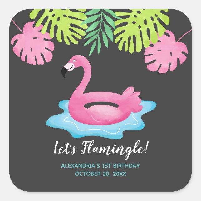 Adesivo Quadrado Flamingo Tropical Piscina Party Favor Sticker (Frente)