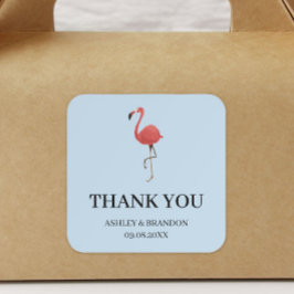 Adesivo Quadrado Flamingo Trópicos Azul e Rosa Casamento Obrigado