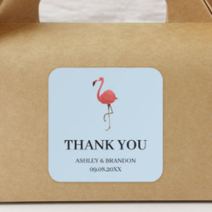 Adesivo Quadrado Flamingo Trópicos Azul e Rosa Casamento Obrigado