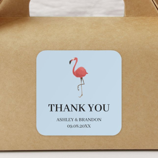 Adesivo Quadrado Flamingo Tropics Blue and Pink Wedding Thank You (Criador carregado)