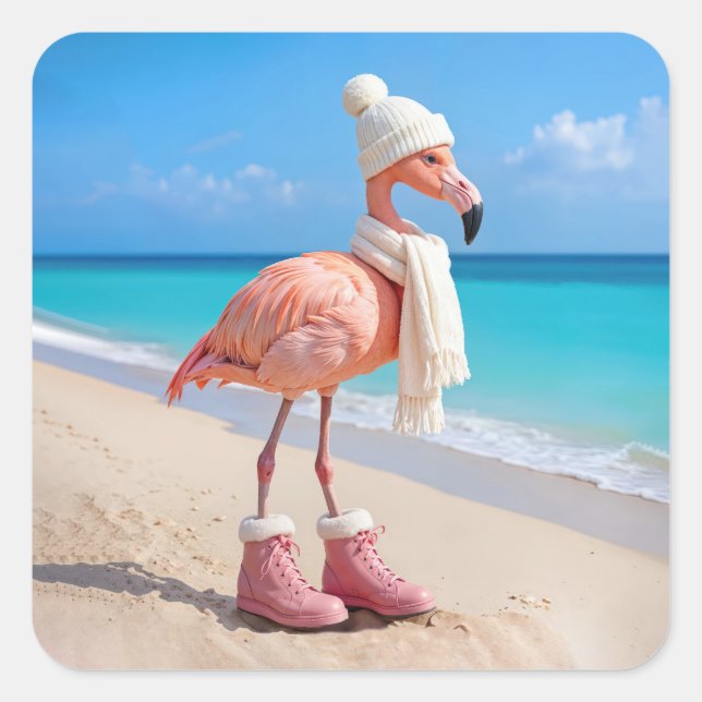 Adesivo Quadrado Flamingo Usando Cachecol e Chapéu de Inverno (Frente)