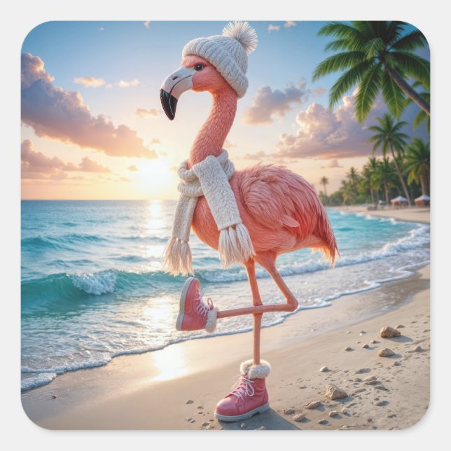 Adesivo Quadrado Flamingo Wearing Winter Boots and Scarf (Frente)