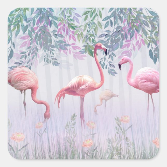 Adesivo Quadrado Flamingos cor-de-rosa da família tropical branca (Frente)