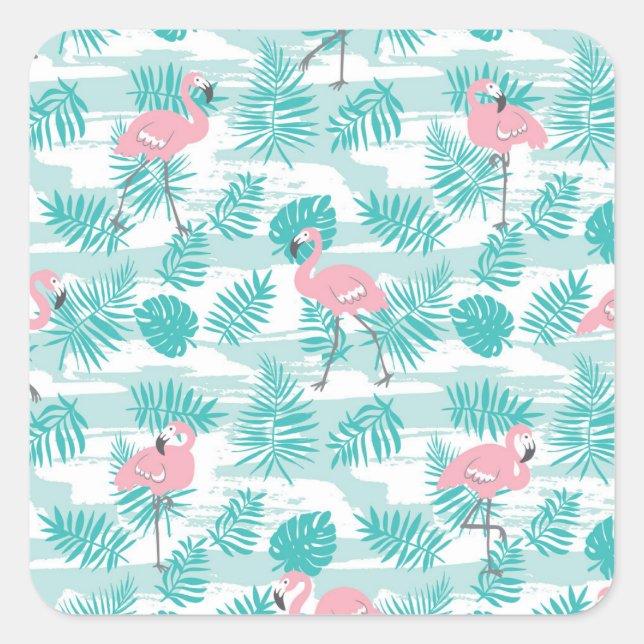Adesivo Quadrado flamingos cor-de-rosa, palmeiras verdes, tropicais (Frente)