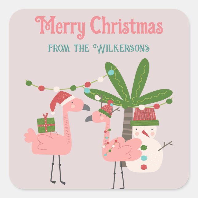 Adesivo Quadrado Flamingos cor-de-rosa tropical de Natal com pincel (Frente)