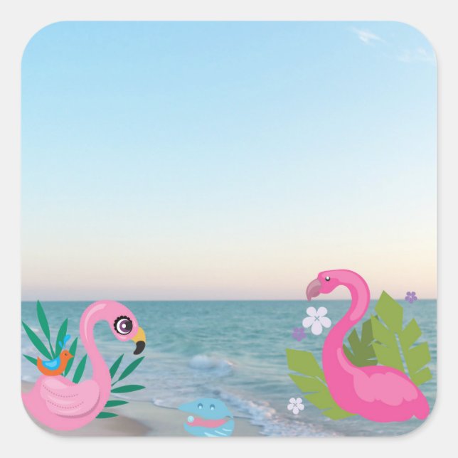 Adesivo Quadrado Flamingos Costeiros Rosa com Costa Tropical (Frente)