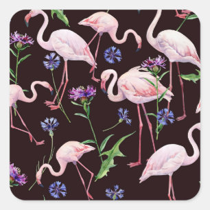 Adesivo Quadrado Flamingos de aquarela e padrão de flores silvestre