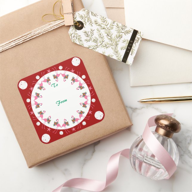 Adesivo Quadrado Flamingos Red Beach Christmas Para A Rótulo Gift (Presentear)