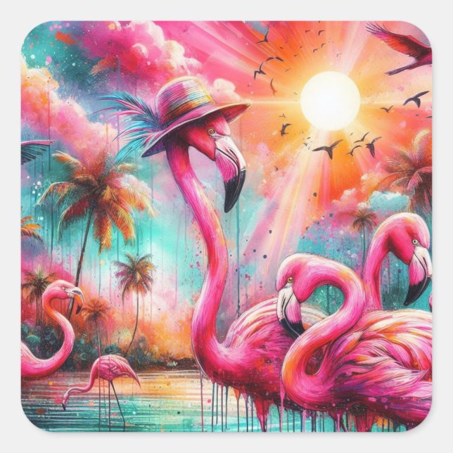 Adesivo Quadrado Flamingos Rosa Tropicais Palmeiras Palmeiras Teais (Frente)