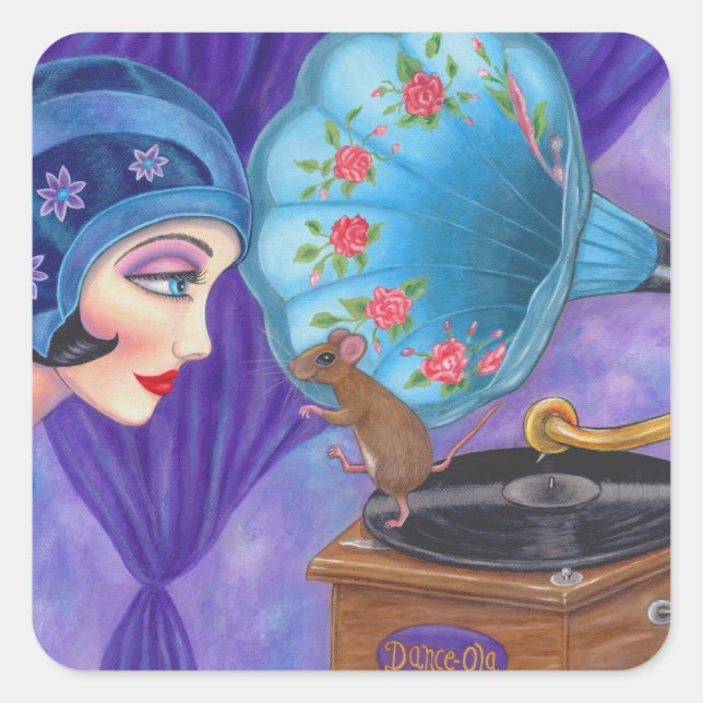 Adesivo Quadrado Flapper Girl Roaring Twties Gramophone (Frente)