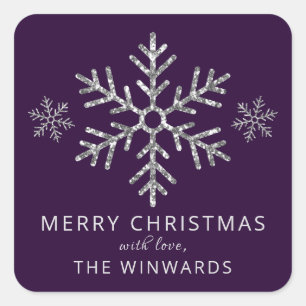 Adesivo Quadrado Floco de neve de Natal com brilho de prata roxa
