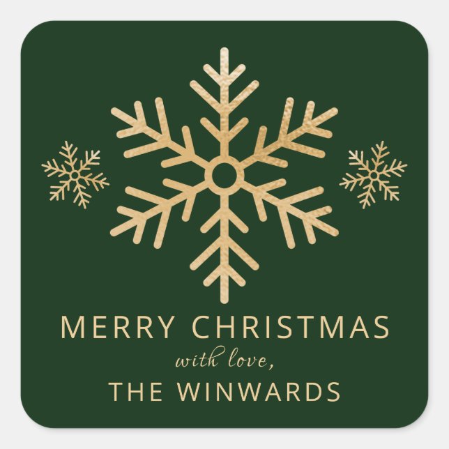 Adesivo Quadrado Floco de neve de Natal verde e dourado (Frente)