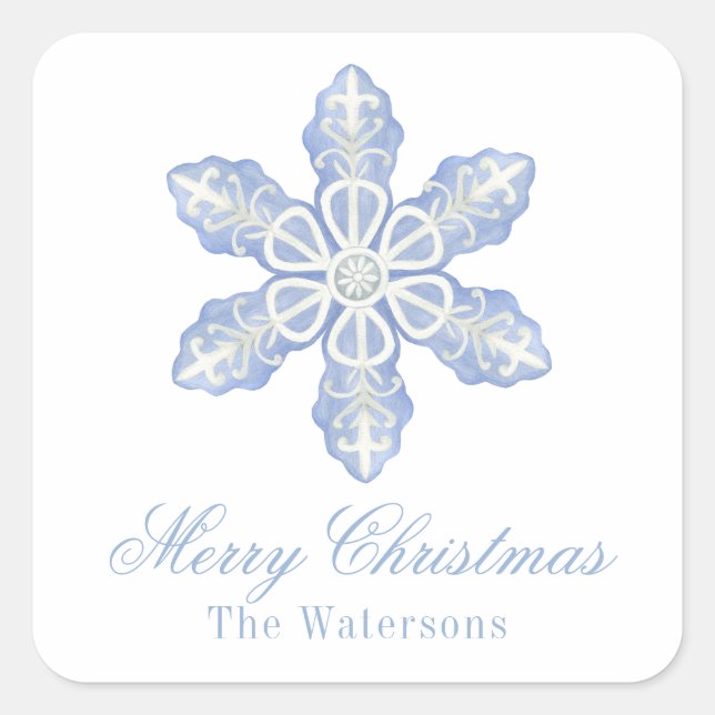 Adesivo Quadrado Floco de Neve do Designer Azul de Aquarela (Frente)