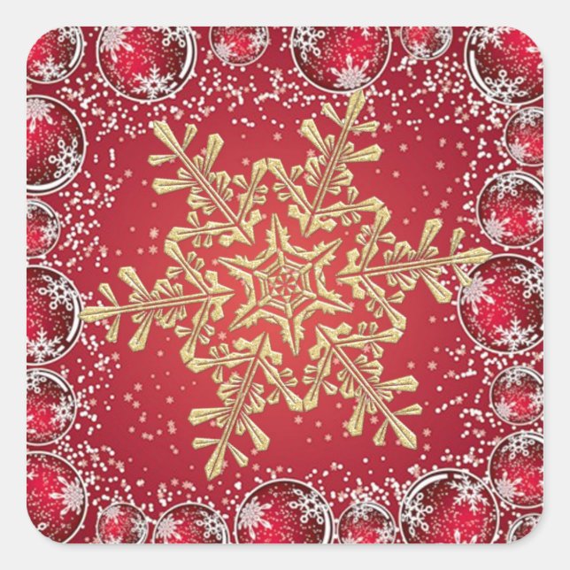 Adesivo Quadrado Floco de neve Dourado no palito de Natal vermelho (Frente)