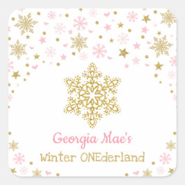 Adesivo Quadrado Flocos de neve cor-de-rosa-Dourado Favor da Festa