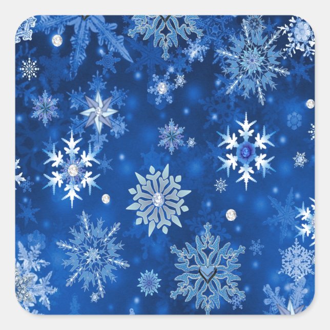 Adesivo Quadrado Flocos de neve de Natal Azul e Prata (Frente)