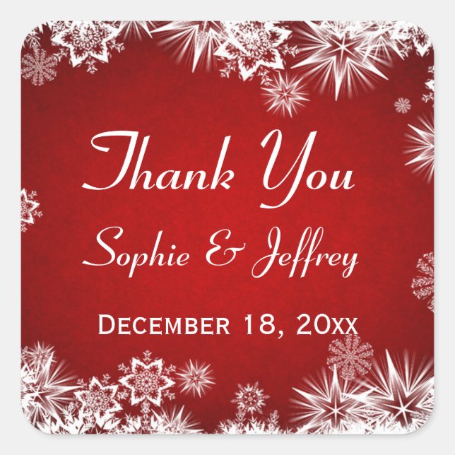 Adesivo Quadrado Flocos de neve no casamento vermelho Obrigado (Frente)