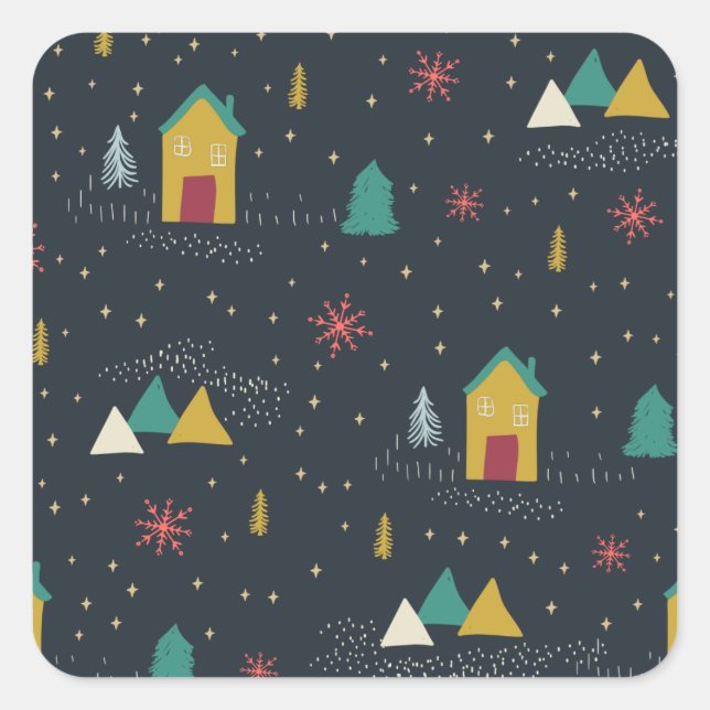 Adesivo Quadrado Flocos de neve noturna de inverno Aterrissando em  (Frente)