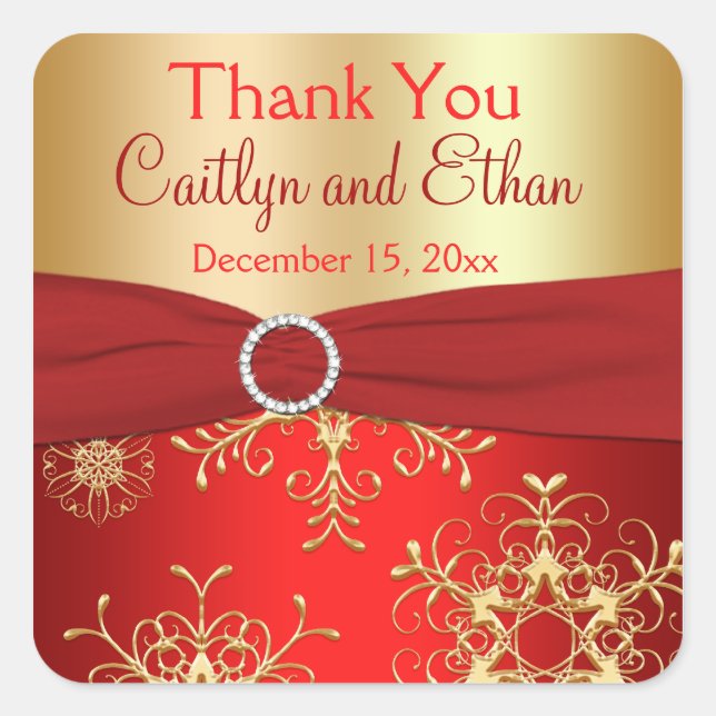 Adesivo Quadrado Flocos de neve vermelhos e Dourados Vestidos de ne (Frente)